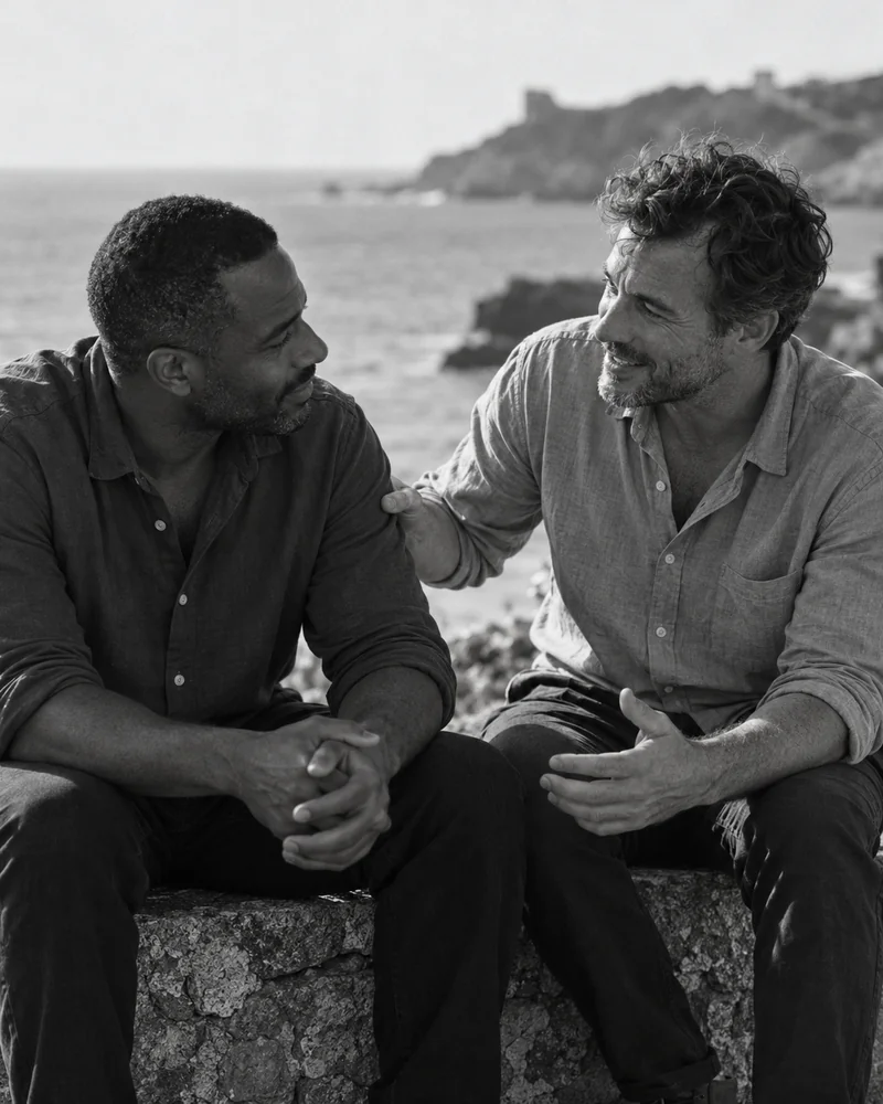 Deux hommes échangent près de la mer, l’un posant une main sur le bras de l’autre.