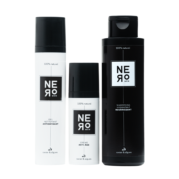 Photo de 3 produits Nero Men composant le pack capitaine, à savoir le Gel Nettoyant, la creme anti age et le shampoing