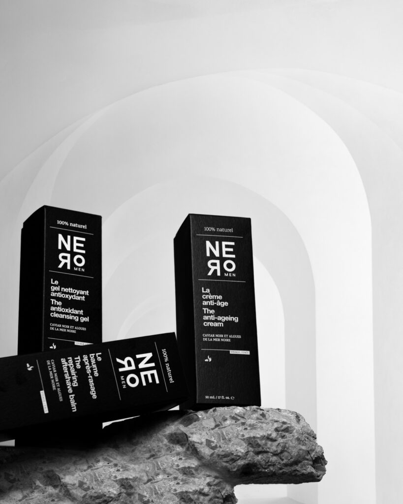 Photo d'art des produits Nero Men enrichis au caviar noir
