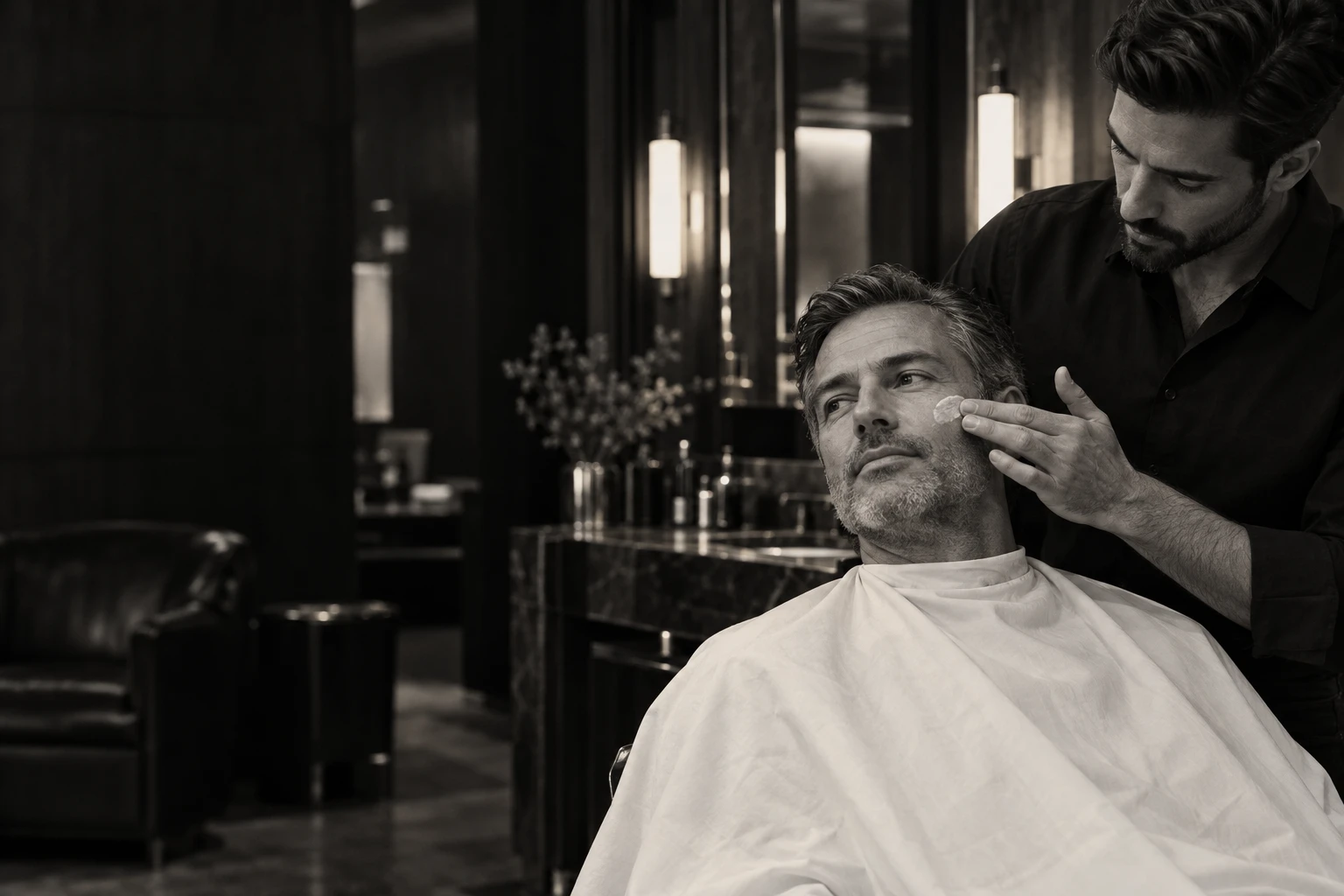 Skincare application at a barber's